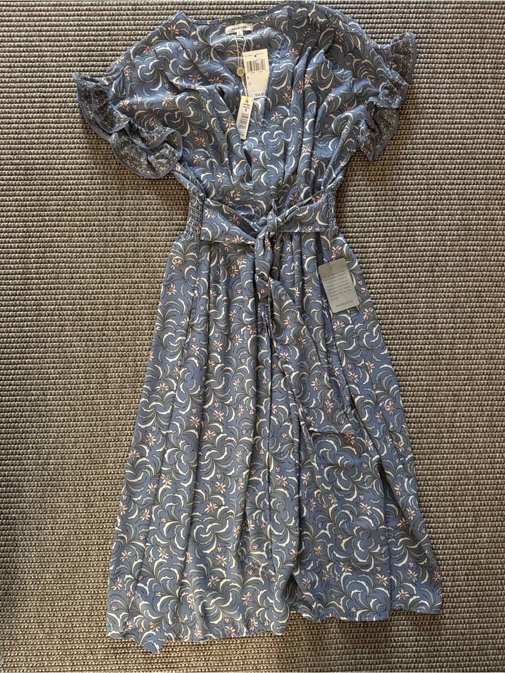 Max Studio Blue Floral Midi Dress with Soft Pink Accents